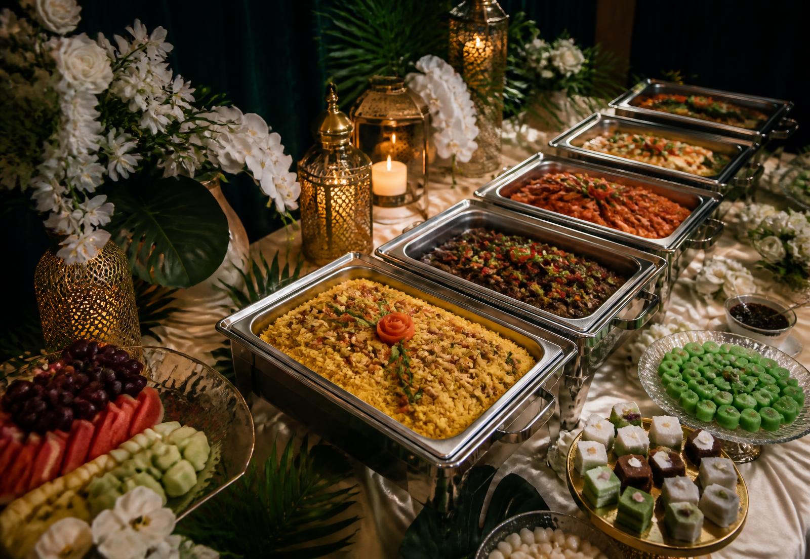 Hidangan buffet majlis perkahwinan lengkap dengan nasi minyak, lauk dan kuih